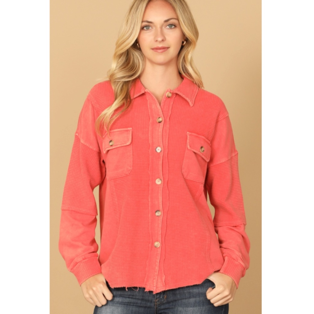 NWT-Coral Washed Waffle Knit Shacket